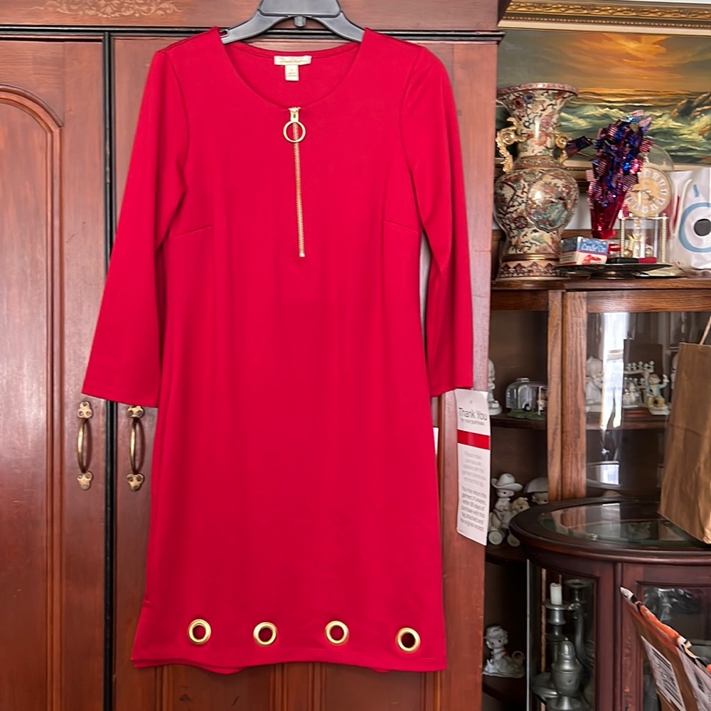 Macy’s NWT Red Ponte Gold Grommet Dress Size Small
